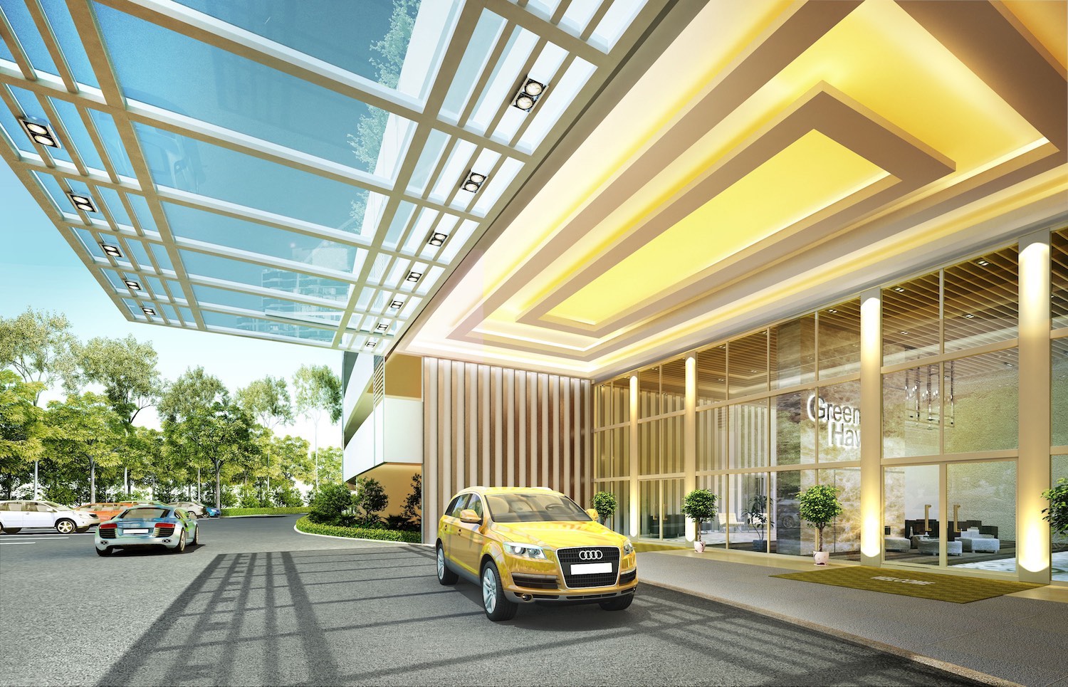 Live In Class & Style A class lobby, decorated with cream-and-gold.